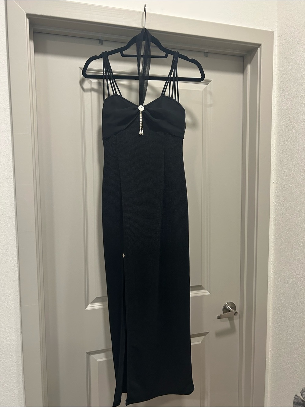 Strapless Black Evening Dress with Decorative Pendant